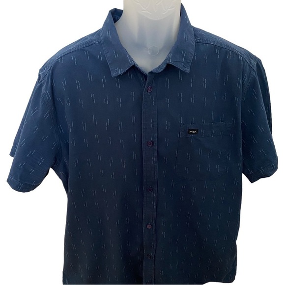 RVCA Blue & White Short Sleeve Collared Shirt Men 2XL XXL Slim Fit - Picture 1 of 6